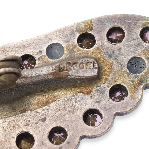 Vintage French Grasshopper Brooch Silver Plate Purple Rhinestone Locust Insect - Picture 7 of 7